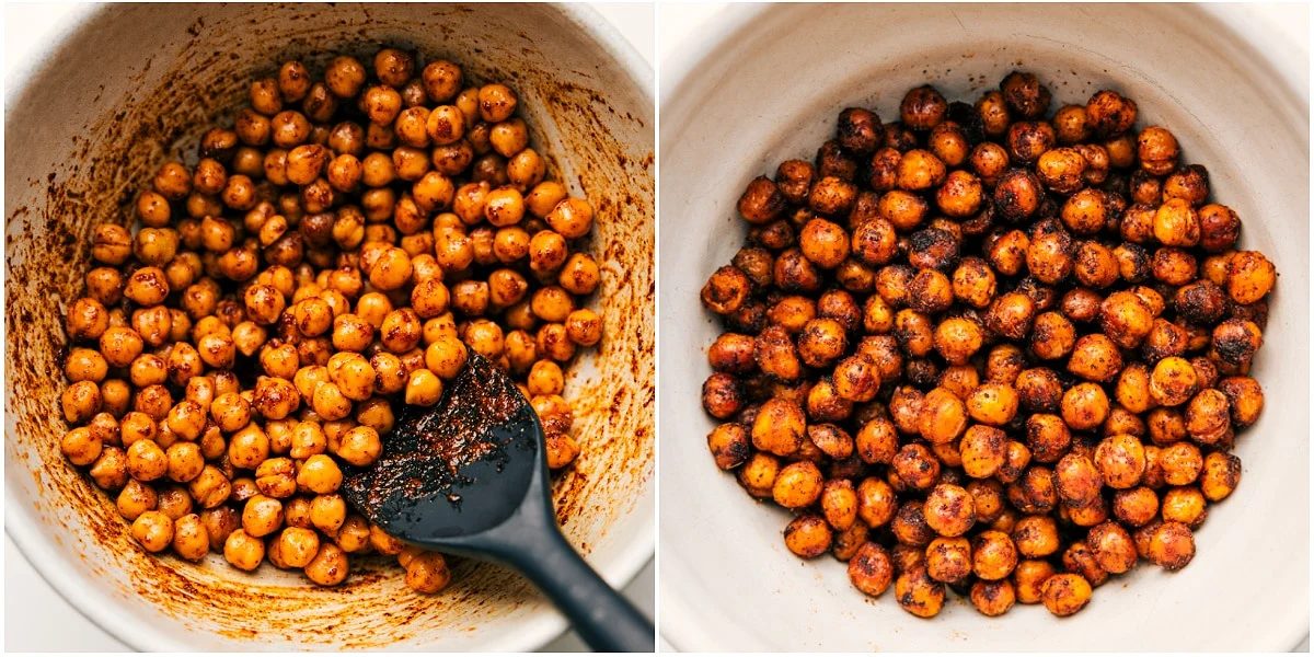 Chickpeas coated in seasonings and roasted until crisp for this chickpea salad.