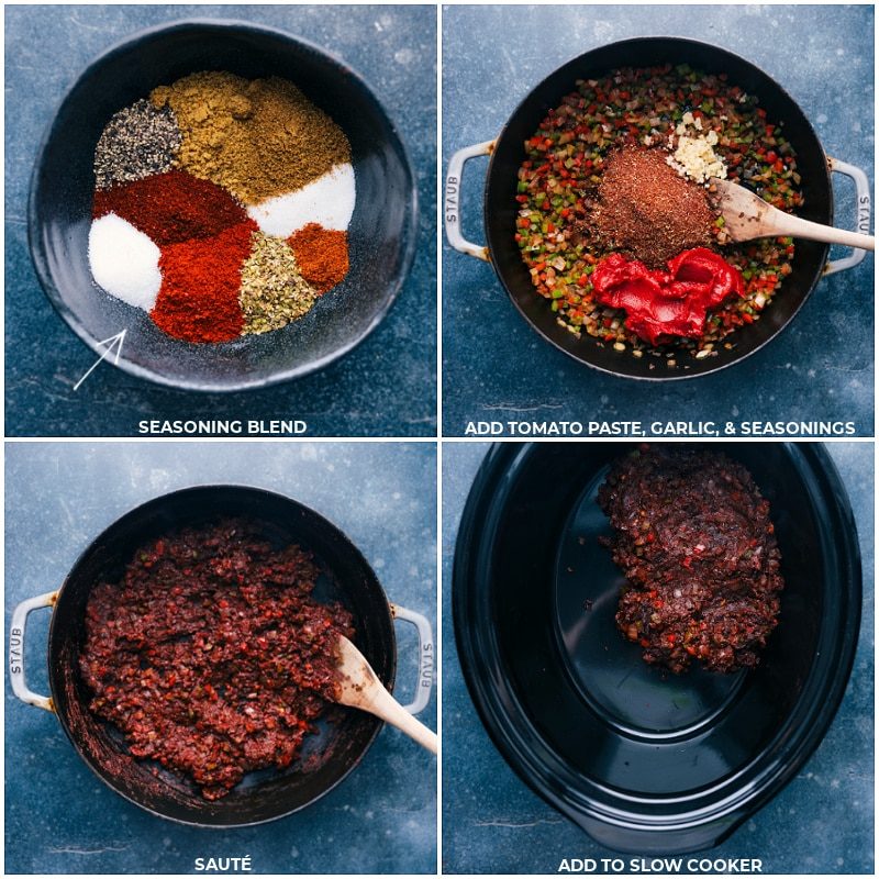 Process shots of Chili Con Carne-- images of the seasonings, tomato paste, and garlic being added to the pot and all being cooked together, then everything being added to slow cooker