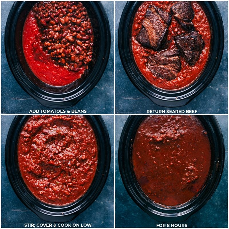 Process shots-- images of the tomatoes, beans, and seared beef being added to the slow cooker