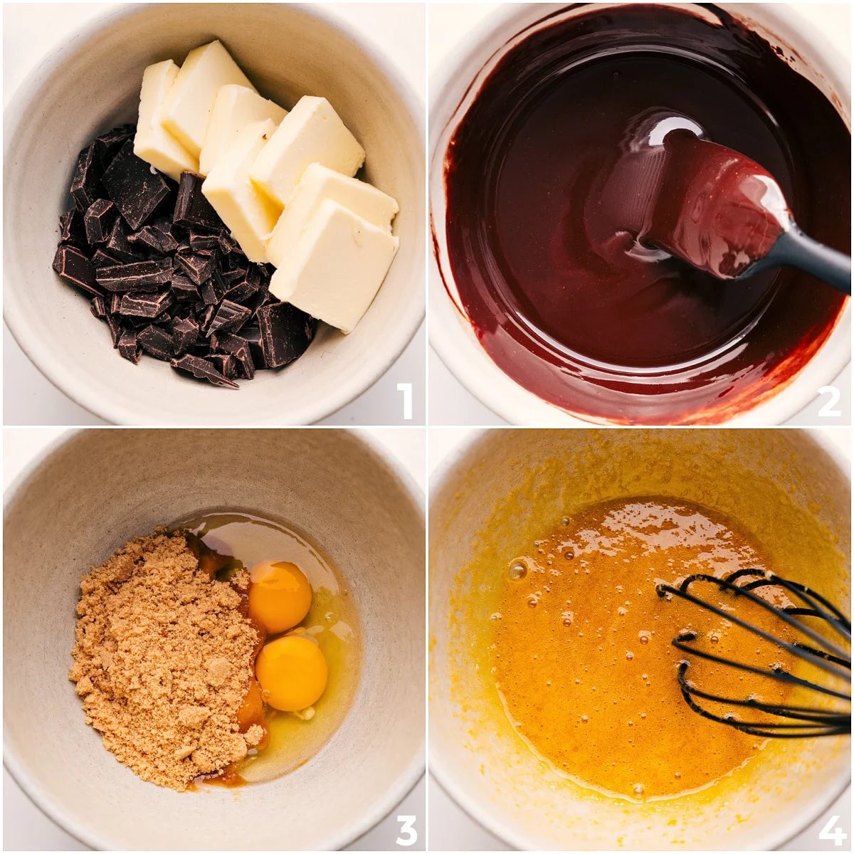 Chocolate and butter melting together while eggs and brown sugar are whisked for Chilis lava cake.