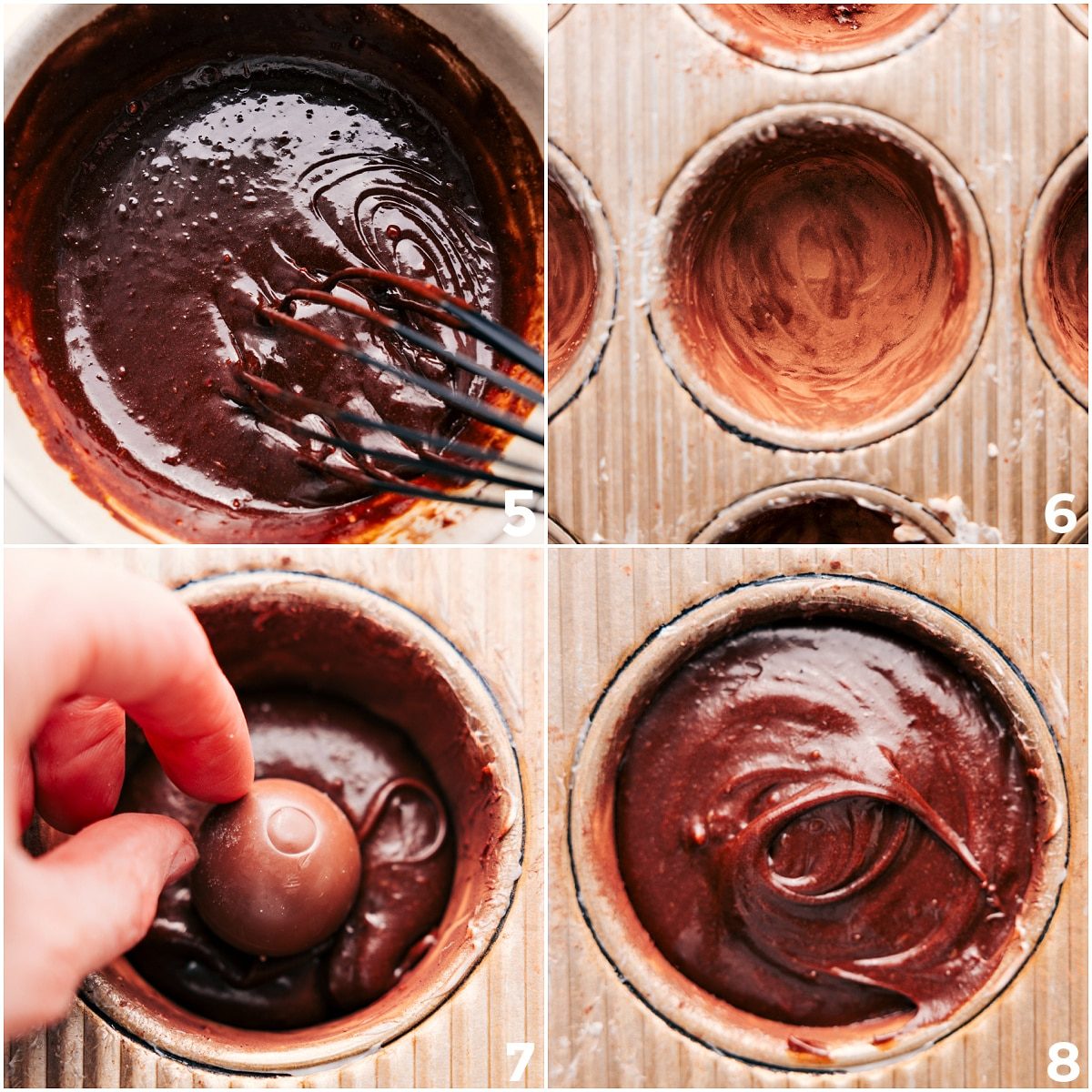 Chocolate and egg mixture whisked together, then poured into muffin tins with chocolate bowls in the center.