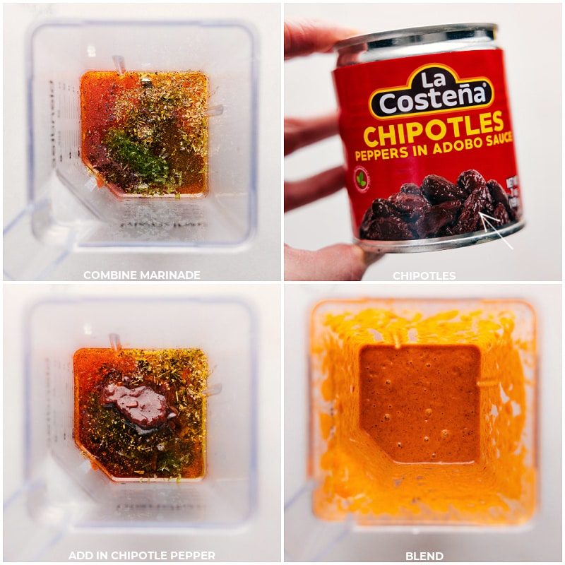 Process shots of Chipotle Chicken Marinade-- images of all the marinade ingredients being added to a blender and it all being blended together