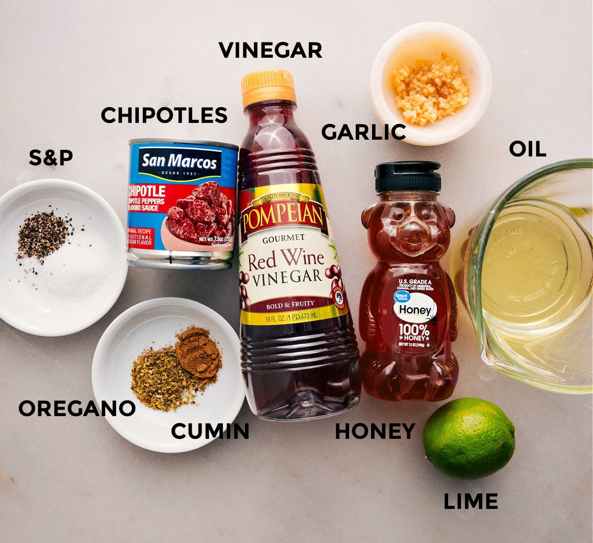 All the ingredients in the dressing prepped out for straightforward assembly to top this chipotle chicken salad.