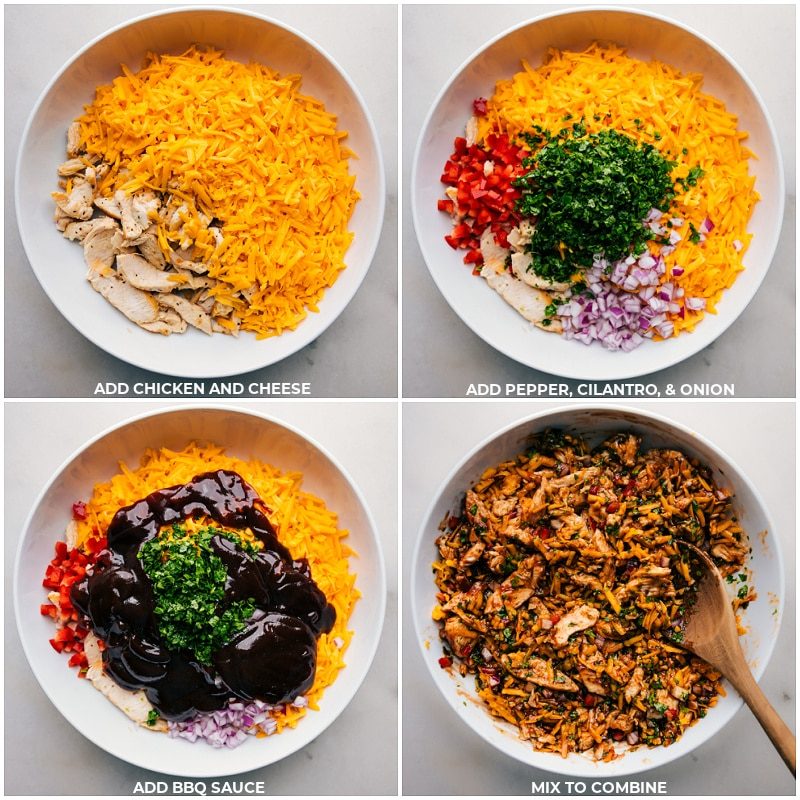 Process shots of BBQ Chicken Wraps-- images of the chicken, cheese, peppers, cilantro, onions, and BBQ sauce being added to a bowl