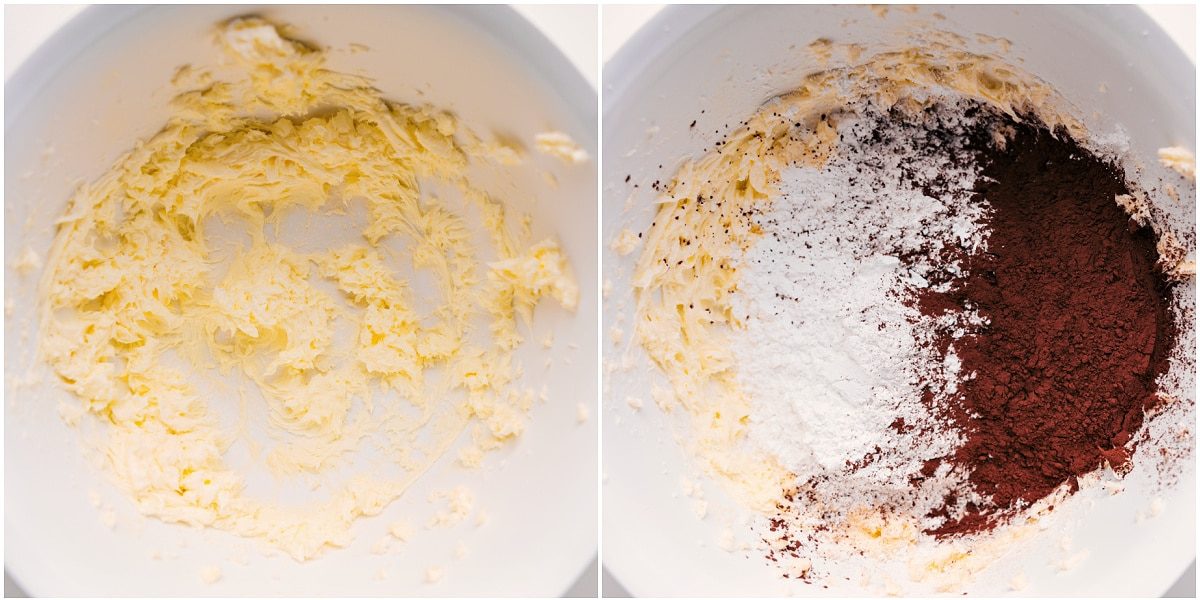 All the ingredients for this chocolate buttercream frosting recipe added to a bowl to cream together.