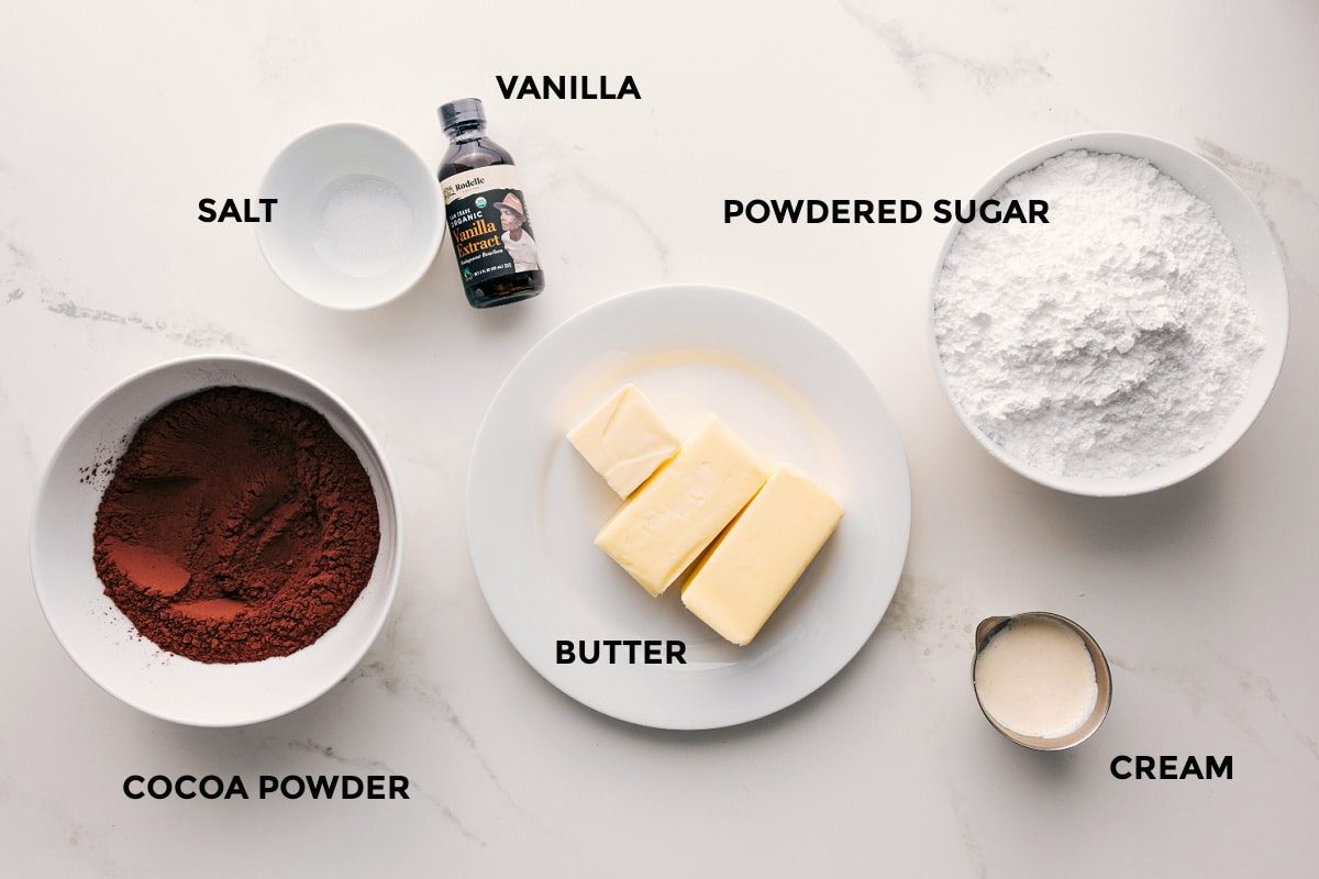 All the ingredients for the chocolate frosting used to frost this chocolate cake recipe laid out for quick assembly.