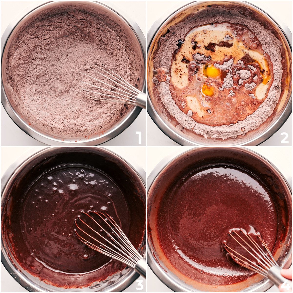 The wet and dry ingredients being mixed together to make the batter for this recipe.
