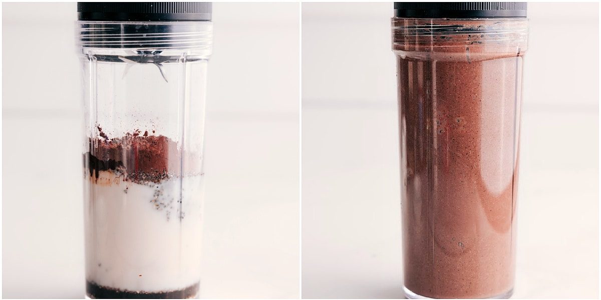 All the ingredients for this chocolate chia seed pudding added to a blender and blended up.