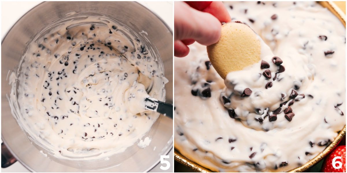 Chocolate chips folded in and then a cookie dipped into the dessert.