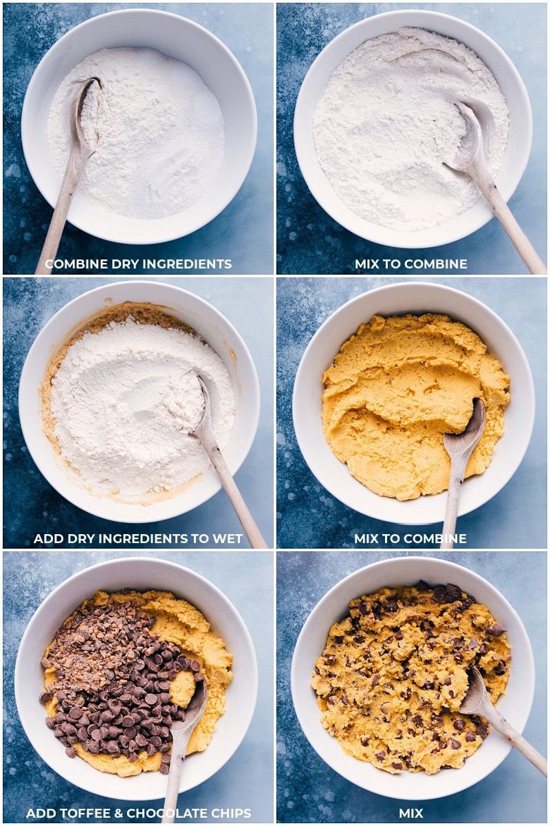 Mixing the dry ingredients, then combining them with the wet to make the dough for these Chocolate Chip Pudding Cookies.