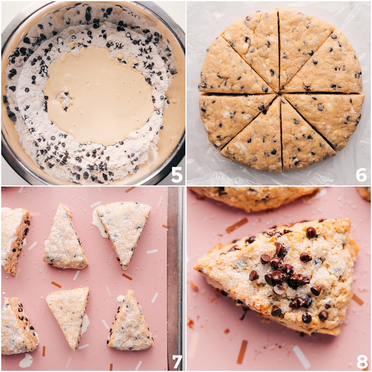 The dough kneaded into a disc, cut into triangles, then brushed with heavy cream and topped with sugar before baking.