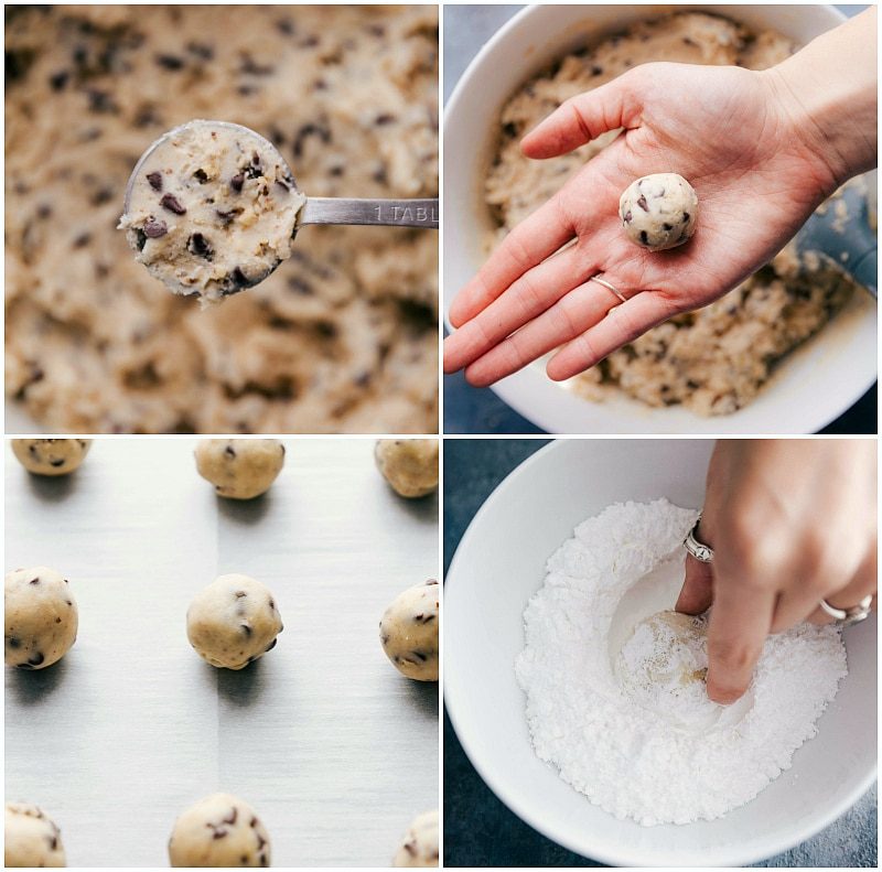 The dough balls rolled out and dipped in powdered sugar before baking.