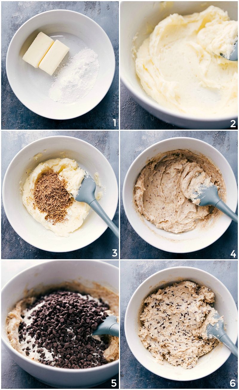 The butter and sugar being creamed together, then the ground pecans added in and it all mixed together for these chocolate chip snowball cookies.