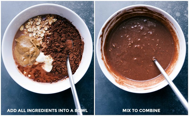 All ingredients being added to a bowl and mixed together.