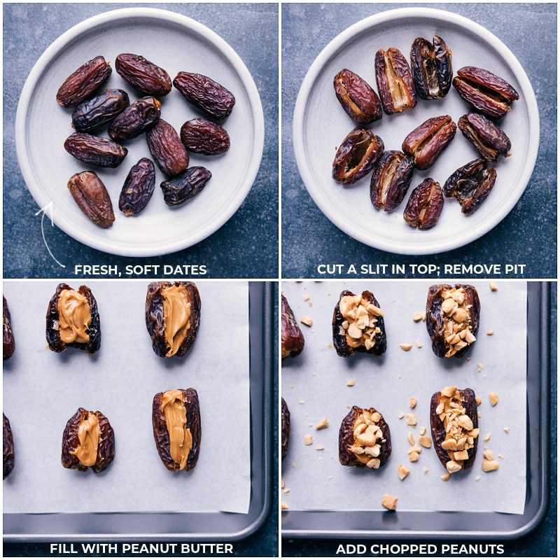 Process shots-- images of the dates being cut open and filled with peanut butter and chopped peanuts