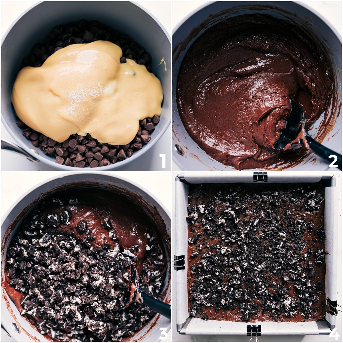 For this Chocolate Covered Oreo Fudge, all the ingredients melt together in a pot, then the crushed Oreos are stirred in and a little extra is sprinkled on top once the mixture is in the pan.