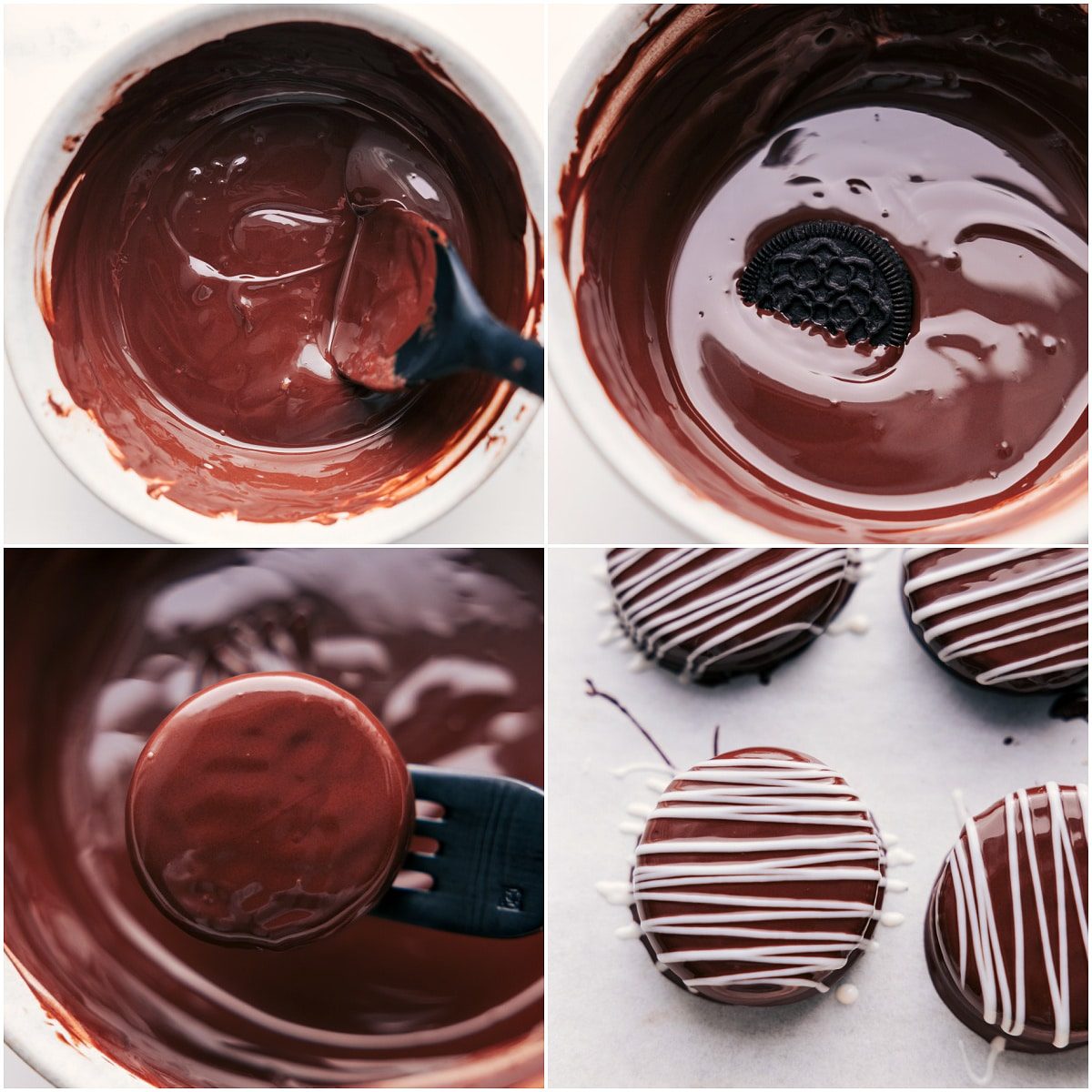 The Oreos being covered in chocolate and then drizzled with white chocolate for this Chocolate Covered Oreos recipe.