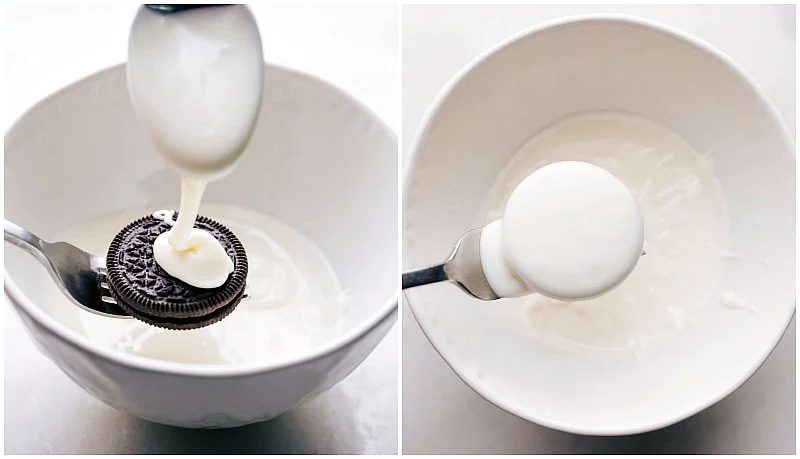 White chocolate being drizzled over the cookies.