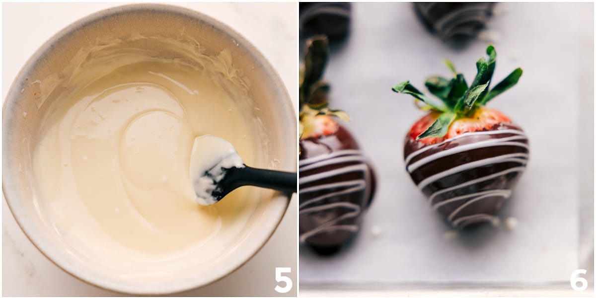 White chocolate melted and drizzled on top of this treat.