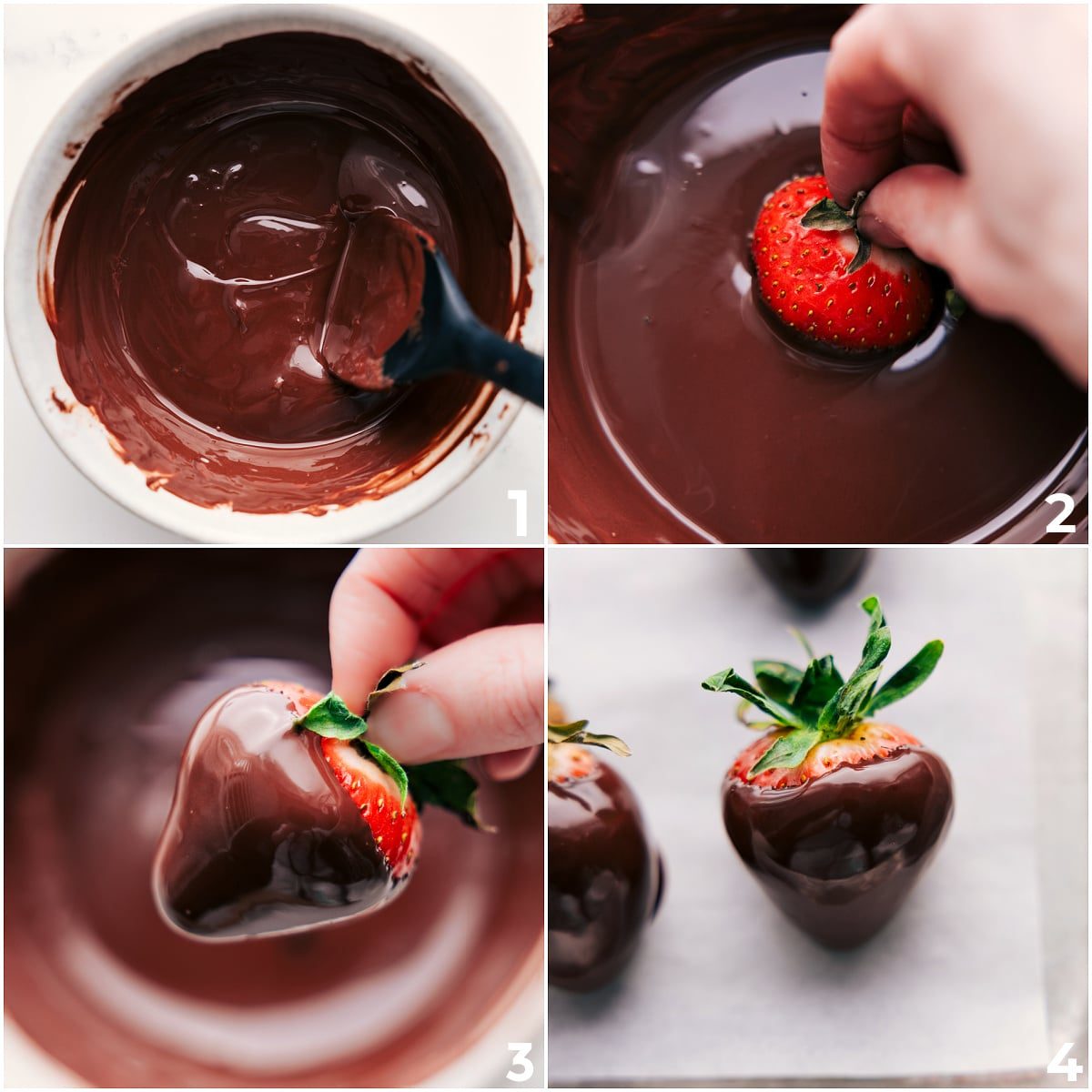 The chocolate melted and strawberries dipped in for this chocolate covered strawberries recipe.