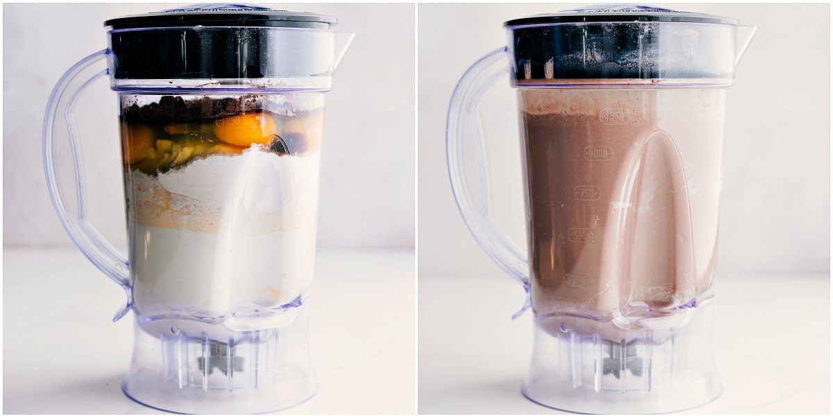 Chocolate crepe batter added to a blender and blended until smooth and creamy.