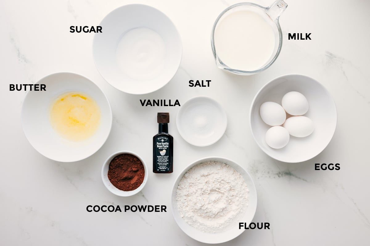 All the ingredients for this recipe prepped and ready for straightforward assembly, including butter, sugar, cocoa powder, vanilla, salt, flour, eggs, and milk.