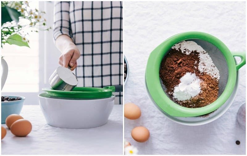 Sifting dry ingredients into a bowl.