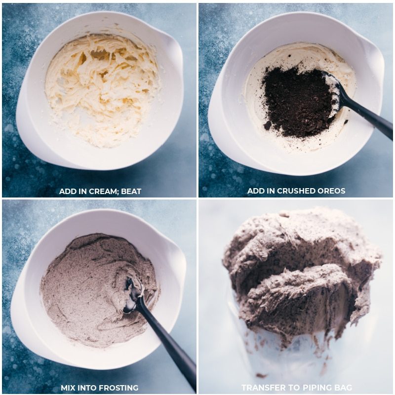 Process shots: add in cream and mix; add in crushed Oreos; mix in frosting; move to a piping bag for this chocolate oreo cookies
