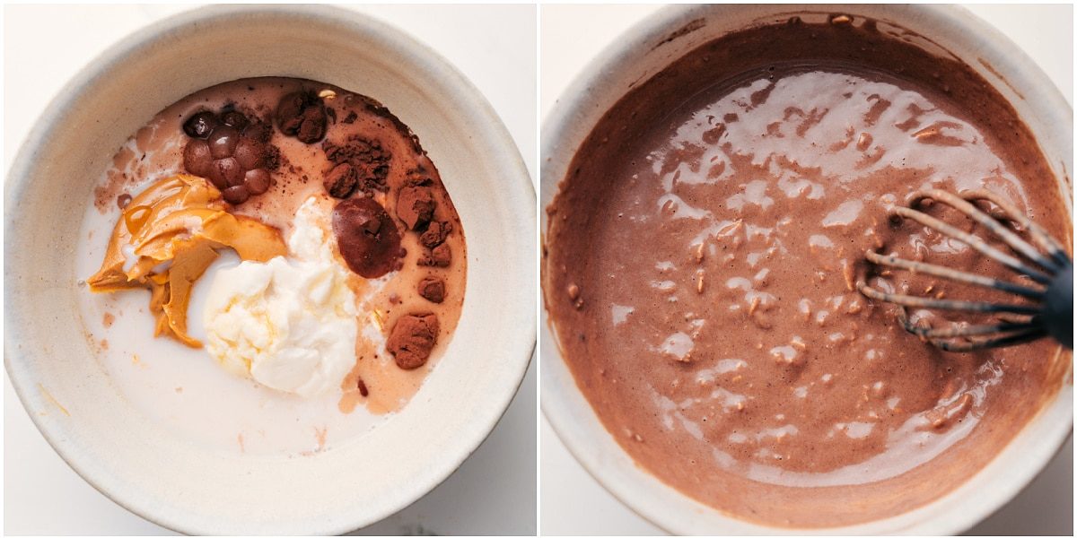 All the ingredients for this Peanut Butter Overnight Oats recipe whisked together in a bowl.