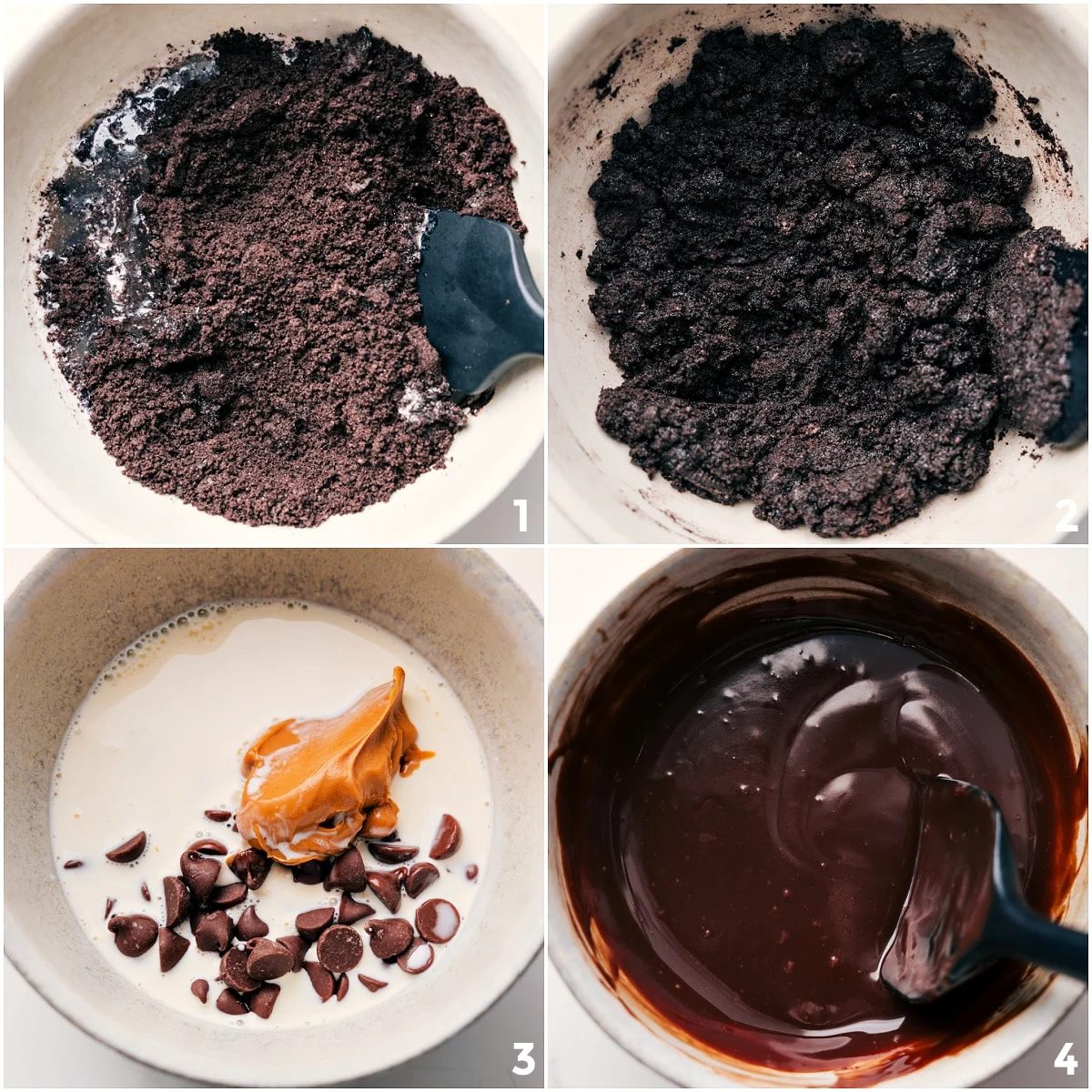 Making the Oreo crust and chocolate ganache layer for this chocolate peanut butter pie recipe.
