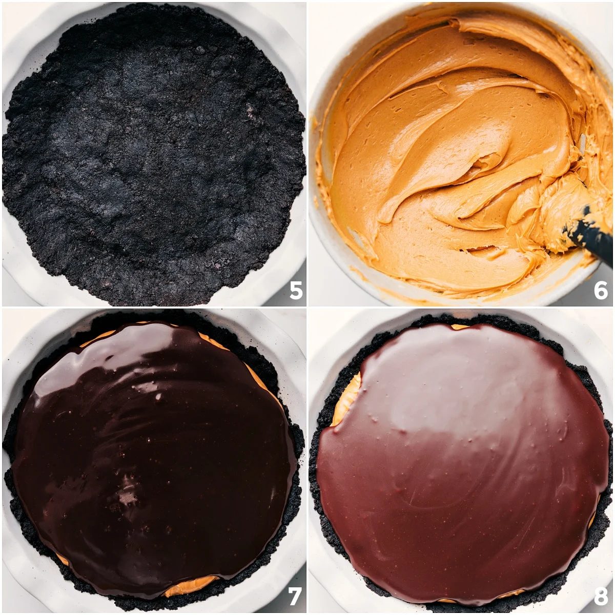 Assembling the pie by adding the crust, peanut butter layer, and chocolate topping.