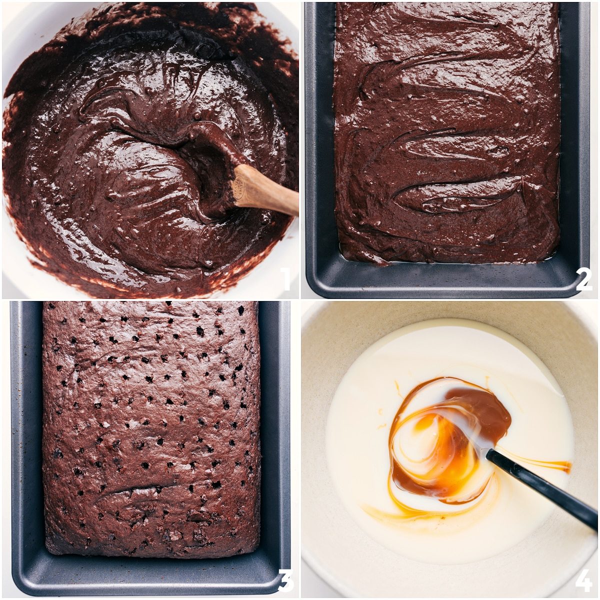 Chocolate poke cake batter being mixed, poured into a pan, baked, then poked and topped with a caramel and sweetened condensed milk mixture.