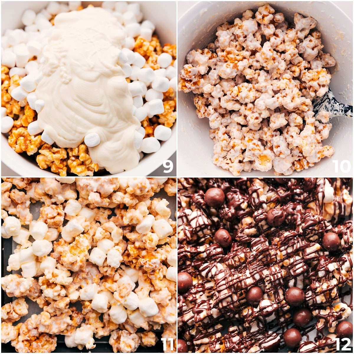 Mix white chocolate and marshmallows into the mix, drizzle with chocolate, and top with Whoppers.