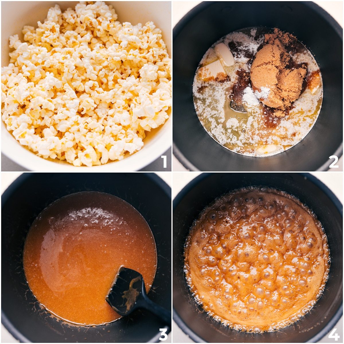 Pop the popcorn while making the caramel sauce by boiling sugar and butter together.