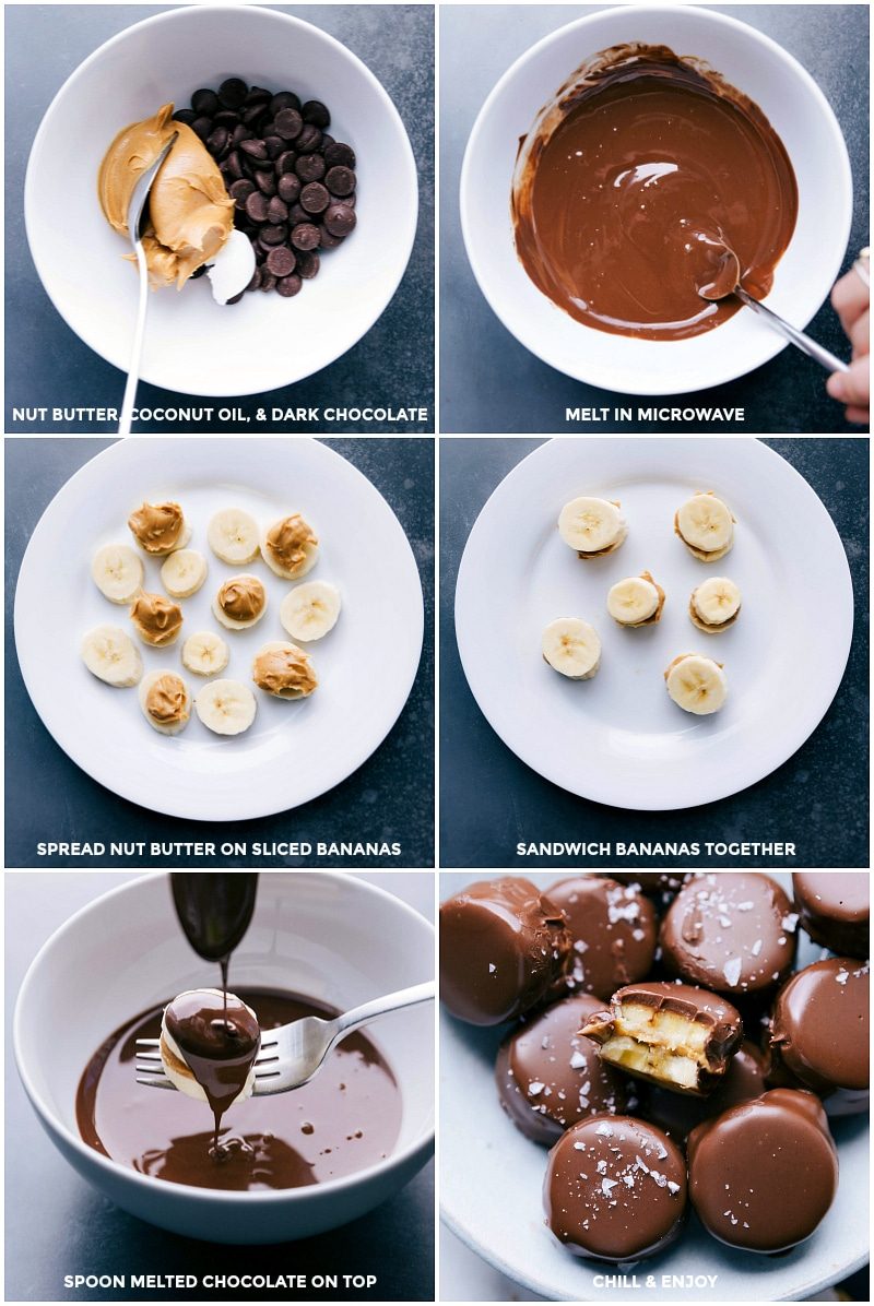 Process shots: melting chocolate, spreading peanut butter over bananas, and finally dipping bananas in chocolate