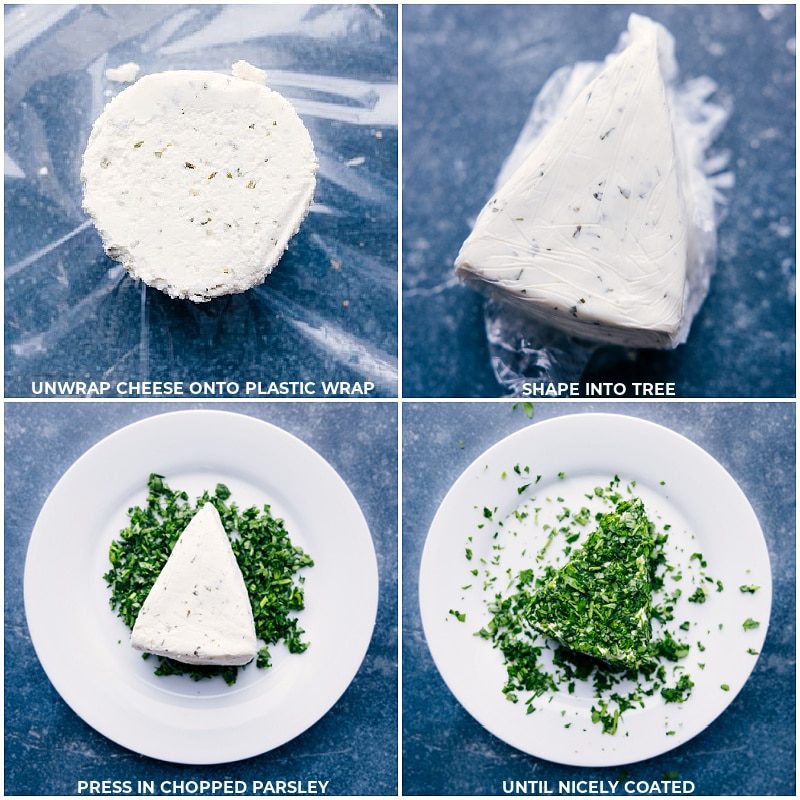 The Boursin being shaped into a tree and rolled in fresh parsley.