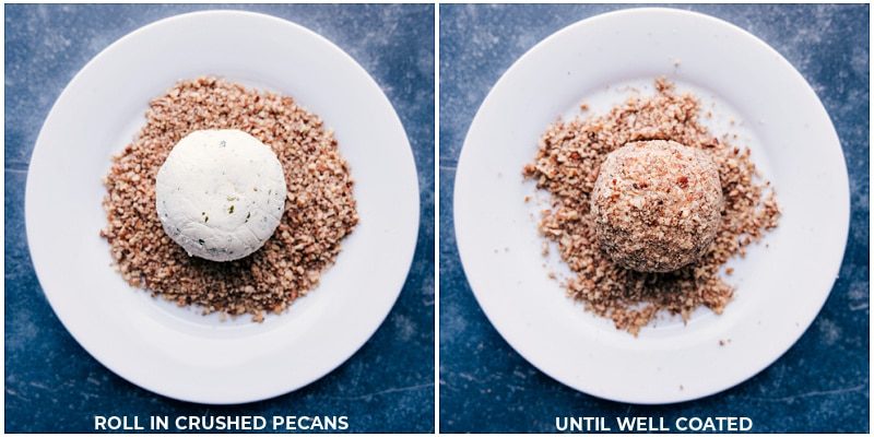 The Christmas cheese ball being rolled in crushed pecans.