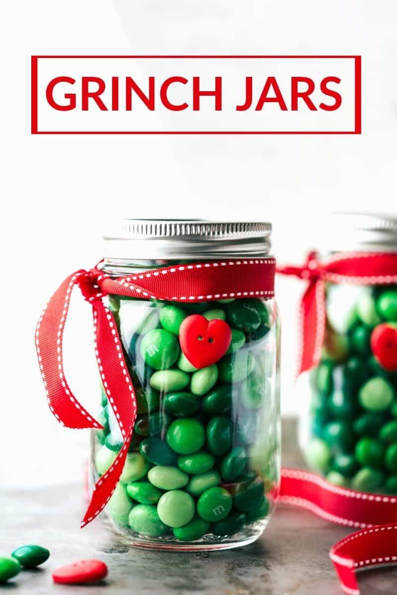 Grinch jars that go along with these Christmas mason jar gift ideas.