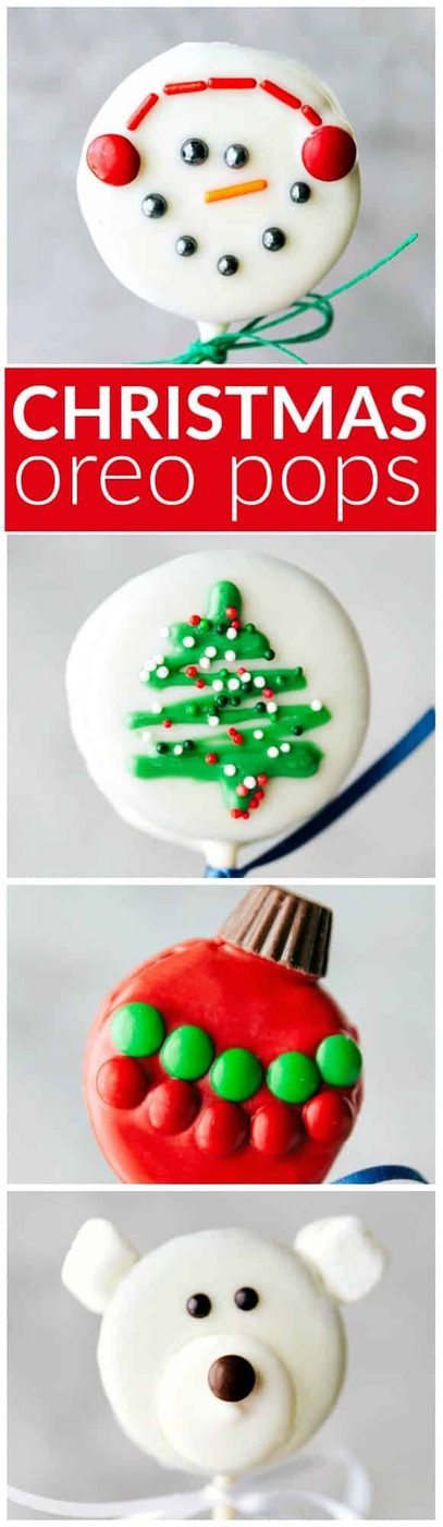 4 adorable and simple to make Christmas oreo pops: a snowman, a Christmas tree, an ornament, and a polar bear. via flexfa.com