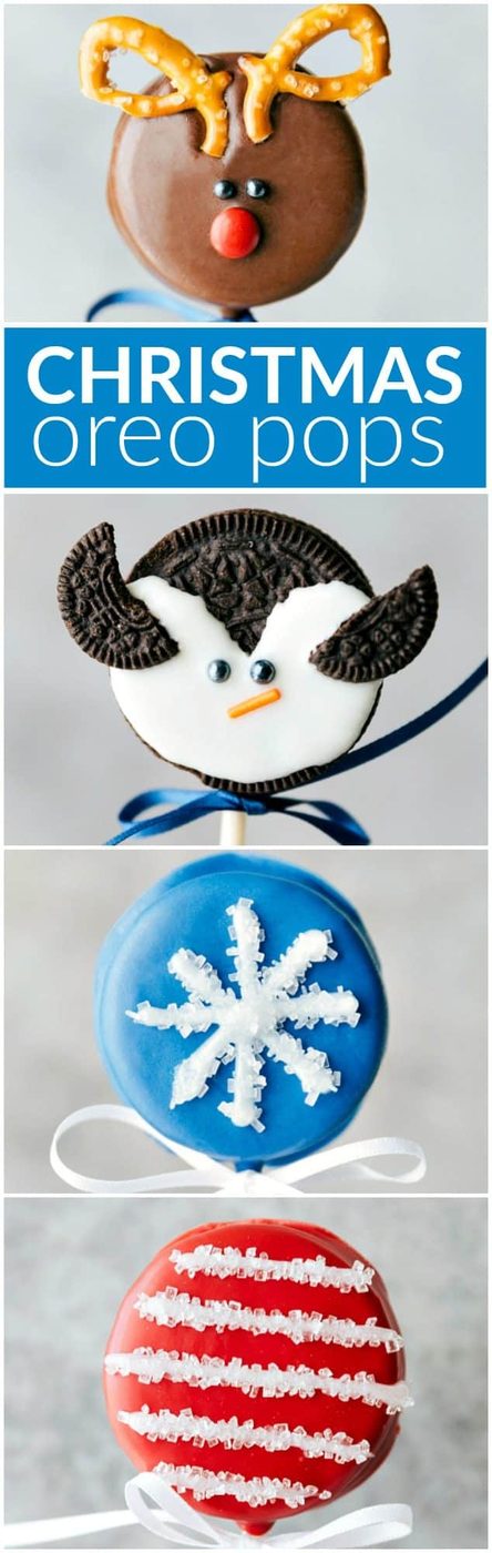 FOUR adorable and straightforward to make Christmas Oreo Pops! All with FIVE ingredients or less: penguin, snowflake, reindeer, and candy cane. Via flexfa.com