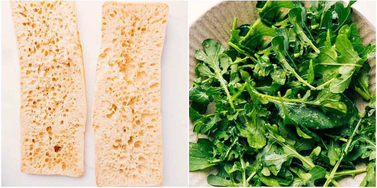 Ciabatta bread being toasted while the greens are tossed with a quick dressing for the sandwich.
