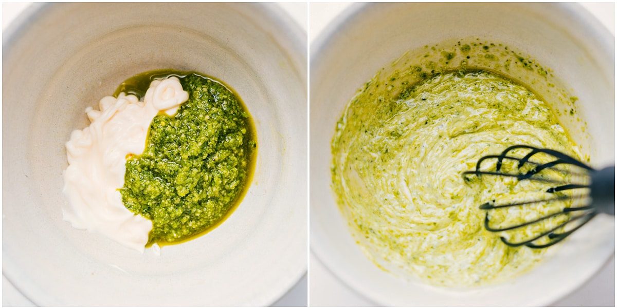 The pesto and mayo spread being whisked together for this sandwich.