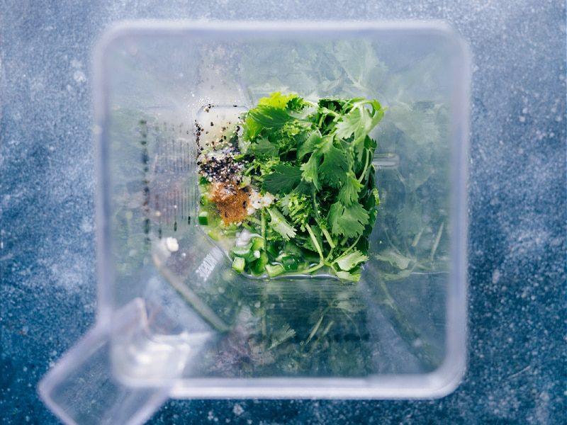 overhead view of ingredients in the blender