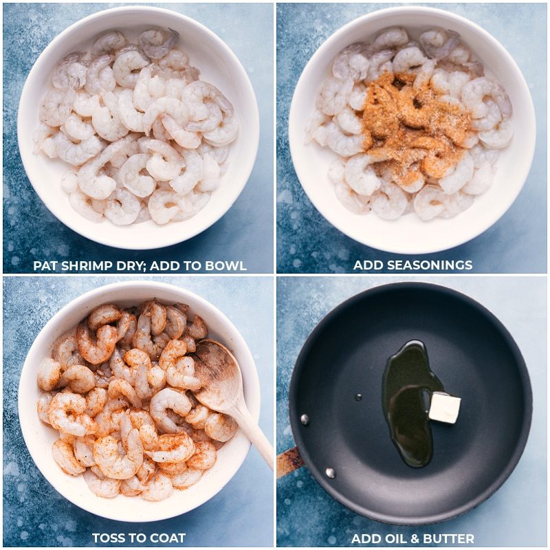 Process shots of the Cilantro Lime Shrimp-- Prep the shrimp and season; toss to coat; heat butter and oil in a skillet