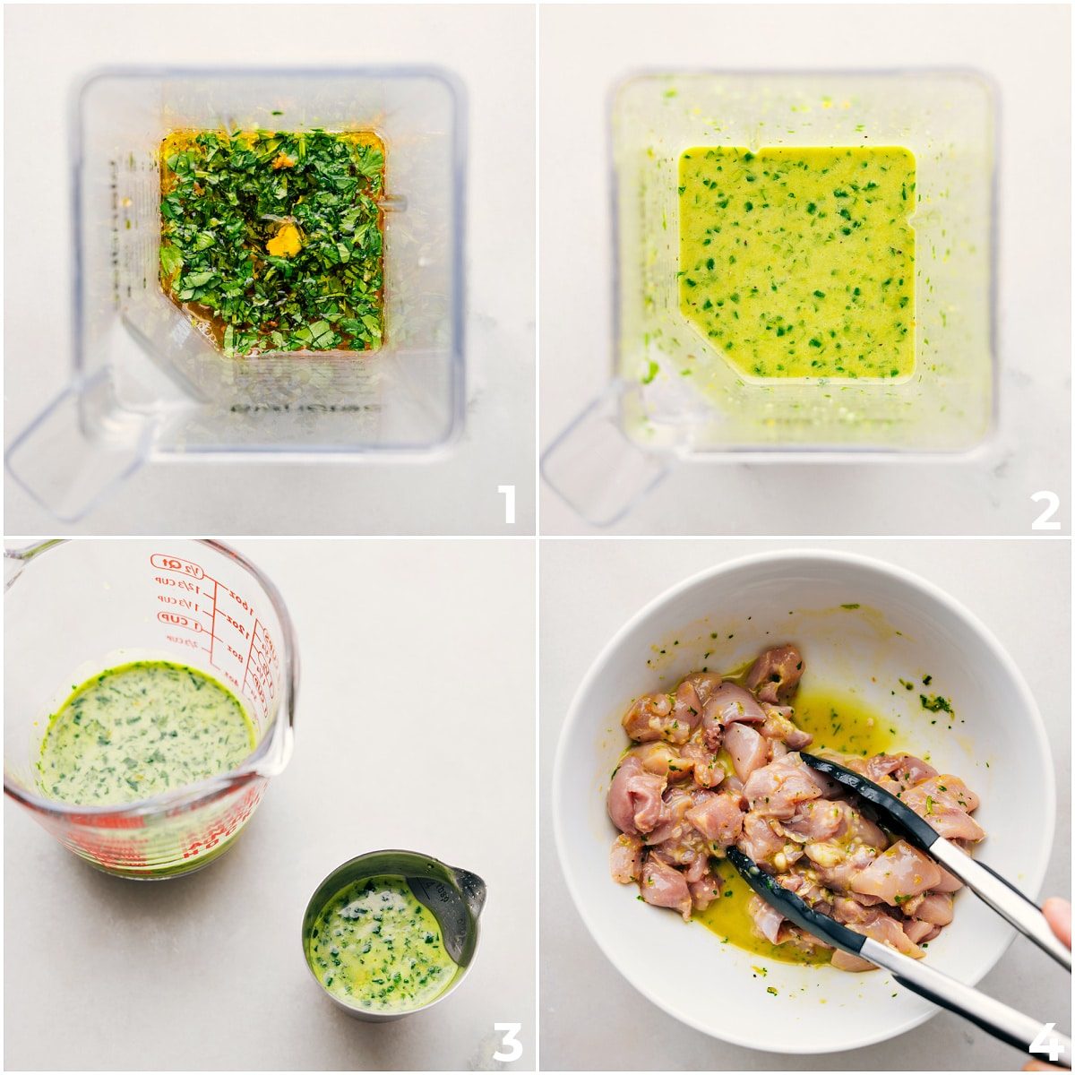 The citrus chicken marinade is blended together in the blender, then poured over the chicken to marinate.