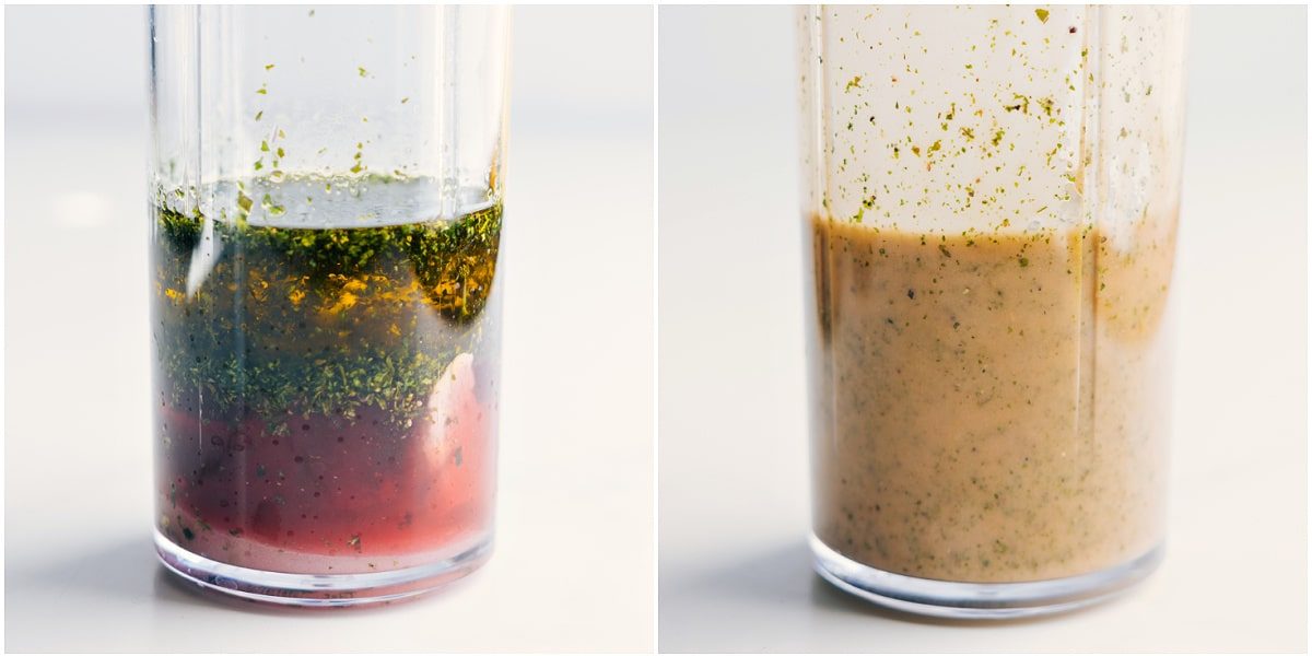 The dressing being blended in a small blender until combined.