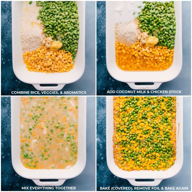 The first four steps for making this dish: 1. Combine rice, veggies, and aromatics. 2. Add coconut milk and chicken stock. 3. Mix everything together. 4. Bake (covered in foil), remove foil, and bake again.