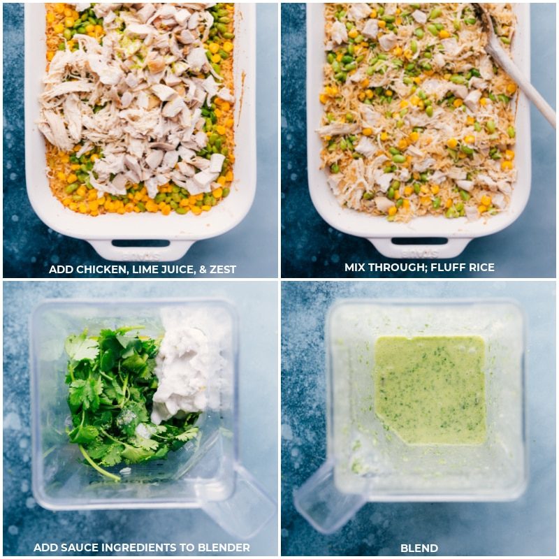 Steps five through eight for making this dish: 5. Add chicken, lime juice, and lime zest. 6. Mix through; fluff rice. 7. Add sauce ingredients to blender. 8. Blend