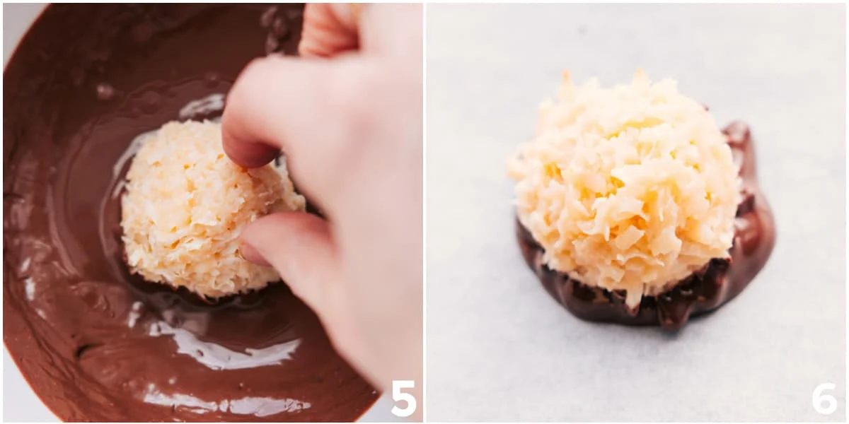 The baked cookies being dipped in chocolate for a lively variation.