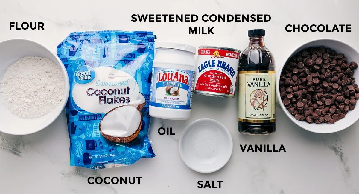 All the ingredients in this recipe prepped out for straightforward assembly including the flour, coconut, oil, sweetened condensed milk, vanilla, salt, and chocolate.